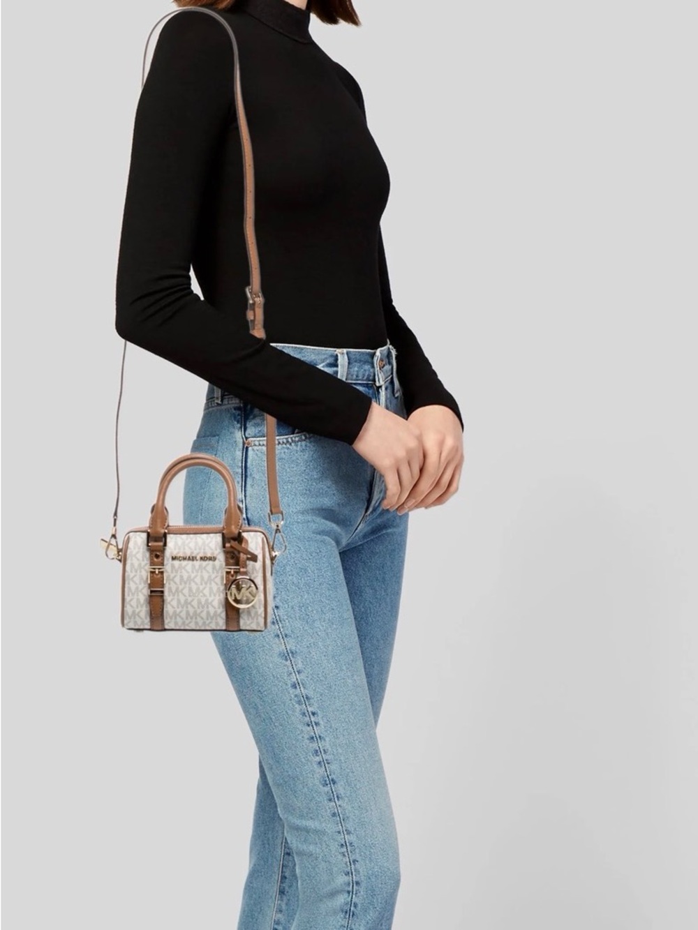 Michael Kors Top Handle/Crossbody Cream Mini Satchel w/Brown Trim & Gold Accents
